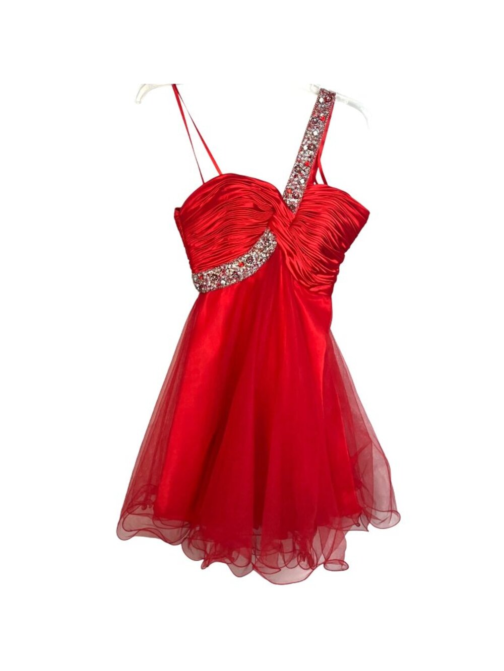 Red Satin & Tulle One-Shoulder Dress W/ Rhinestone Strap & Ruched Bodice Short S